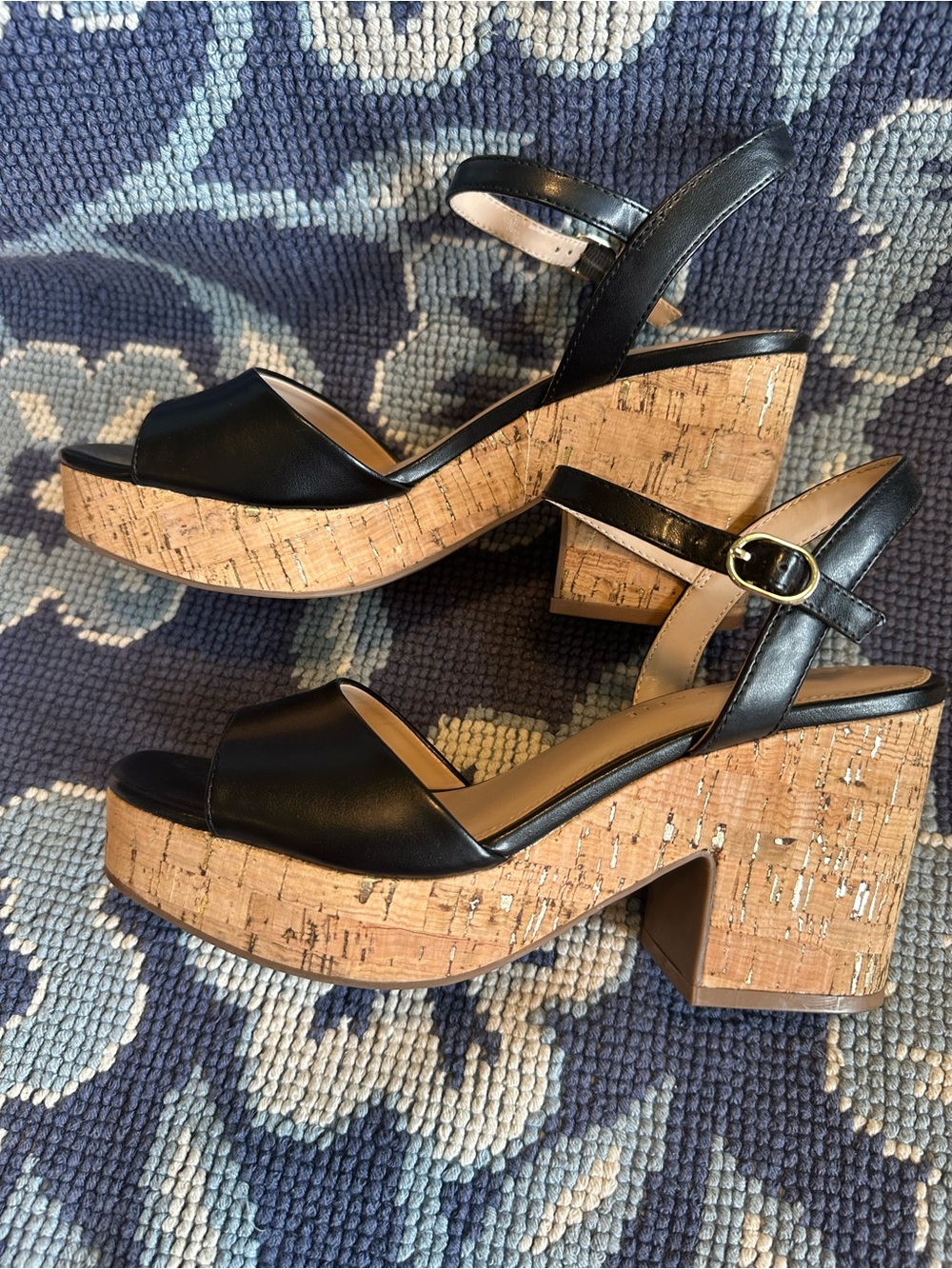 🖤 Kelly & Katie Cork Platform Sandals Size 7.5M Black Ankle Strap Heels